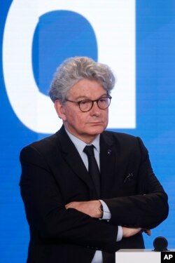 FILE - EU Internal Market Commissioner Thierry Breton attends a conference with some representatives of French industry at the Elysee Palace in Paris, May 11, 2023