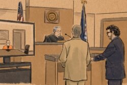 In this courtroom sketch, former Minneapolis police officer Derek Chauvin appears on closed-circuit television from a maximum security prison in Oak Park Heights, Minn., June 29, 2020, during a hearing in Minneapolis.