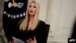 FILE - Ivanka Trump speaks during the "Our Pledge to America's Workers" event with her father President Donald Trump in the State Dining Room of the White House.