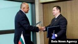 Premijeri Bugarske i Srbije, Bojko Borisov i Ivica Dačić, poosle potpisivanja sporazuma o izgradnji gasovoda, Brisel, 14. decembar 2012.