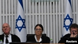 President of the Supreme Court of Israel Esther Hayut and all 15 justices assemble to hear petitions against the reasonableness standard law in the High Court in Jerusalem on Sept. 12, 2023.