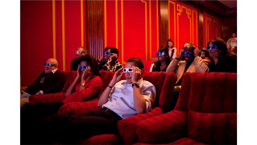 President Barack Obama and First Lady Michelle Obama in the White House theater on February 1, 2009.