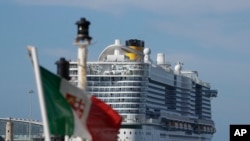 The Costa Smeralda cruise ship is docked in the Civitavecchia port near Rome, Jan. 30, 2020. 