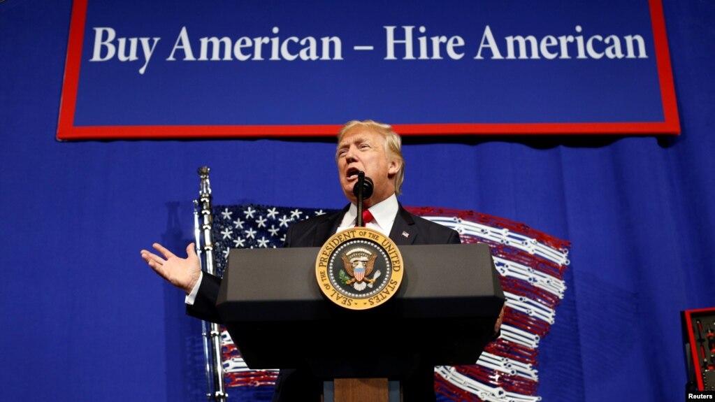 FILE - U.S. President Donald Trump speaks during a visit to the world headquarters of Snap-On Inc, a tool manufacturer in Kenosha, Wisconsin, April 18, 2017.