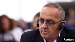 Fredis Beleri, member of the European Parliament, attends a plenary session of the newly elected European Parliament in Strasbourg, France, July 17, 2024. After the session, Beleris returned to Albania, where he was again imprisoned as he is serving a two-year sentence.