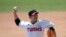Letters reading "Corona 19 Out" is seen on the cap of LG Twins baseball team's pitcher Jeong Chan-heon as a part of campaign to overcome the coronavirus during an intrasquad baseball game in Seoul, South Korea, April 5, 2020. 