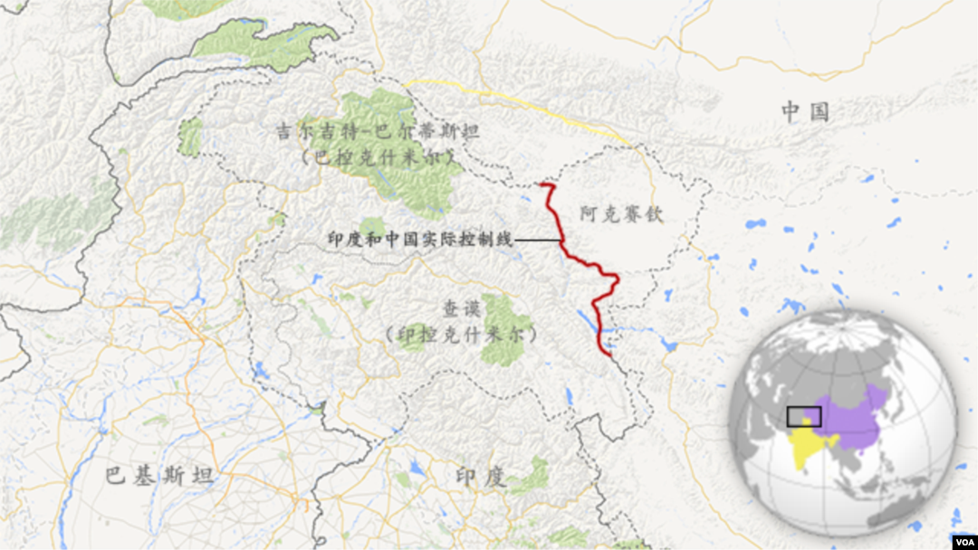 中国印度实际控制线，含中国和田地区 (阿克赛钦)、巴控克什米尔 (吉尔吉特-巴尔蒂斯坦) 和印控克什米尔 (查谟)