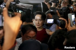 FILE - Myanmar's National League for Democracy party leader Aung San Suu Kyi in Yangon, Myanmar, Nov. 8, 2015.
