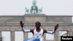 Le Kenyan Eliud Kipchoge sur la ligne d'arrivée à Berlin, le 24 septembre 2017.