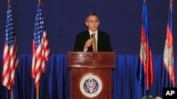 U.S. Principal Deputy Assistant Secretary of State for East Asian and Pacific Affairs Scot Marciel speaks during a press conference in Phnom Penh, Cambodia, Monday, Nov. 4, 2013. Scot made his press conference on Monday before wrapping up his two-day official visit to Cambodia. (AP Photo/Heng Sinith)