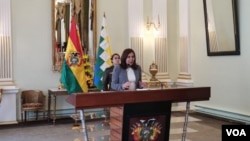 La actual canciller boliviana, Karen Longaric Rodríguez, ofreció una rueda de prensa el viernes 13 de diciembre de 2019, en La Paz, Bolivia.