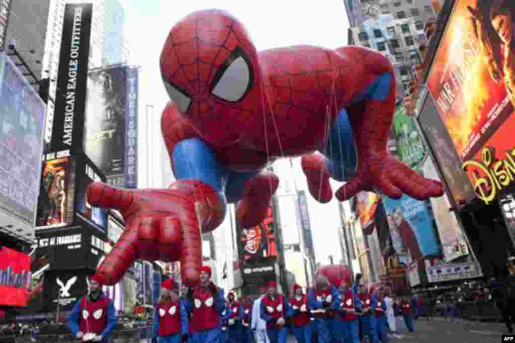 The "Spiderman" float is seen during the Macy's Thanksgiving Day Parade in Times Square in New York on Thursday, Nov. 24, 2011. The parade premiered in 1924, this is its 85th year. (AP Photo/Andrew Burton)