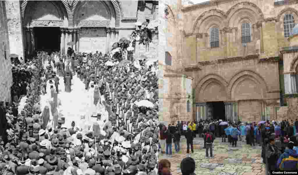 Christians celebrate Easter at the Church of the Holy Sepulchre, Jerusalem (L) ca. 1898, Library of Congress (R) Creative Commons/Deror Avi.