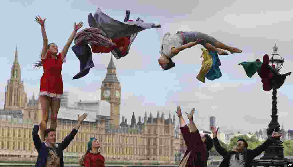 Circus artists perform a stunt to announce the official launch of Circus250 in London.