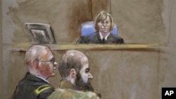 In this court room sketch, Judge Col. Tara Osborn, top, Maj. Nidal Malik Hasan, right, and defense attorney, Lt. Col. Kris Poppe, left, are shown, Wednesday, Aug. 21, 2013, in Fort Hood, Texas. Hasan rested his case Wednesday without calling any witnesses