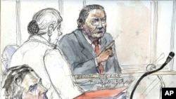 A court sketch made at the Paris courthouse shows former Panamanian dictator Manuel Noriega (R) and one of Noriega's lawyer Yves Leberquier (L), during his trial, 28 Jun 2010