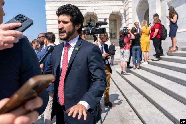 FILE - U.S. Representative Greg Casar, speaking to reporters in Washington on May 25, 2023, is one of 31 Congress members who have called upon President Joe Biden and the State Department to withhold recognition of Pakistan's new government until the election is investigated.