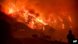 El "Incendio de Thomas" que el jueves cobró la vida de un bombero, es visto en la zona del bosque nacional Los Padres cerca de Ojai, California. Dic. 8, 2017. 