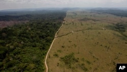 FILE - A photo of a deforested area near Novo Progresso in Brazil's northern state of Para, Sept. 15, 2009.