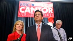 House Majority Leader Eric Cantor speaks to his supporters June 10, 2014 following his loss in the Republican party primary to Tea Party candidate Dave Brat. 