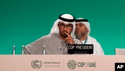 COP28 President Sultan al-Jaber listens to speakers during a plenary session at the COP28 U.N. Climate Summit, Dec. 13, 2023, in Dubai, United Arab Emirates. 