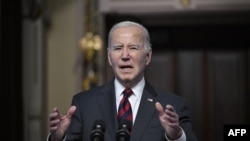 US President Joe Biden delivers remarks on new actions to strengthen supply chains at the Indian Treaty Room of the White House in Washington, DC on November 27, 2023. (Photo by ANDREW CABALLERO-REYNOLDS / AFP)