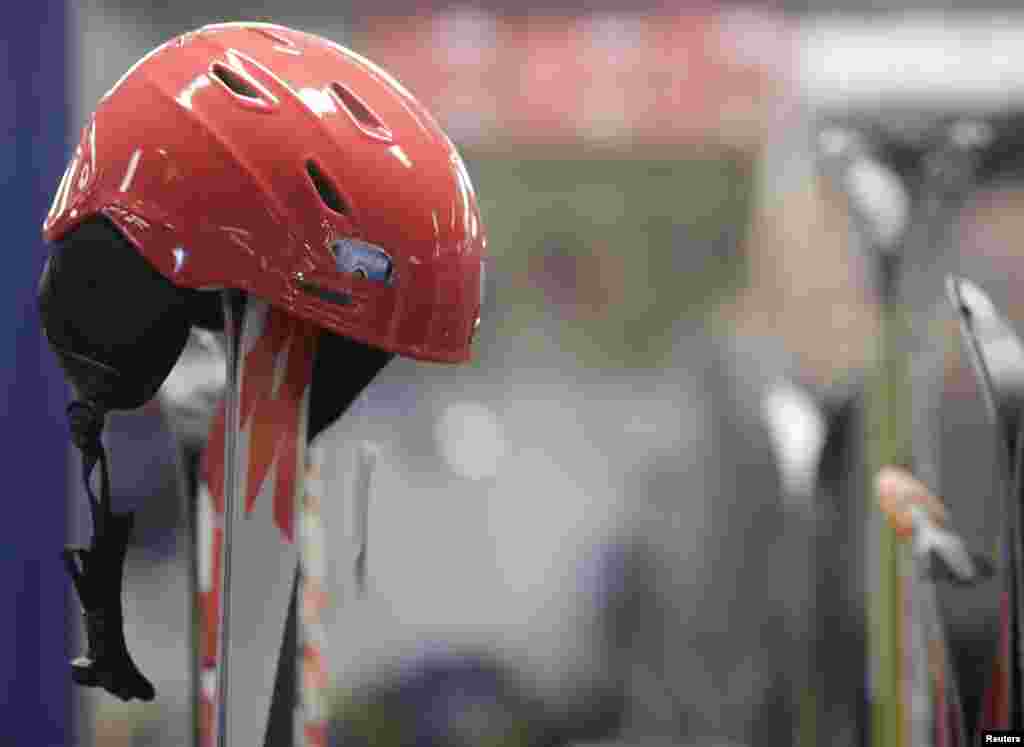 A ski helmet is pictured in a sports shop in the Tyrolean ski resort of Hochoetz, Austria. Michael Schumacher&#39;s helmet almost certainly saved his life and leisure skiers should always wear head protection, said the man behind the main safety measures in Alpine skiing.