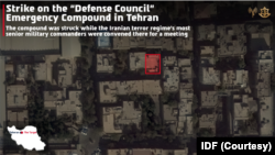 이스라엘 방위군(IDF)이 공개한 항공 감시 사진. 테헤란 내 전략적 긴급 복합단지에 대한 정밀 타격 지점을 보여주고 있다.