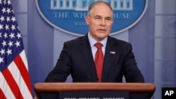 EPA Administrator Scott Pruitt speaks to the media during the daily briefing in the Brady Press Briefing Room of the White House in Washington, June 2, 2017. 
