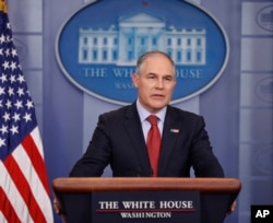 FILE - EPA Administrator Scott Pruitt speaks to the media during the daily briefing in the Brady Press Briefing Room of the White House in Washington, June 2, 2017.