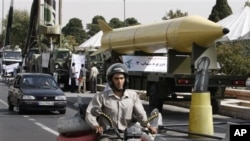 An Iranian Shahab-3 ballistic missile on display in Tehran in September 2010 marking the 30th anniversary of the outset of the 1980-88 Iran-Iraq war.
