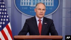 FILE - EPA Administrator Scott Pruitt speaks to the media during the daily briefing in the Brady Press Briefing Room of the White House in Washington, June 2, 2017. 