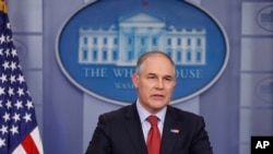 EPA Administrator Scott Pruitt speaks to the media during the daily briefing in the Brady Press Briefing Room of the White House in Washington, June 2, 2017. 