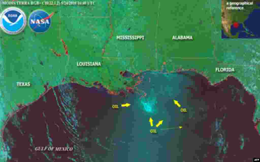 At least six million gallons of crude have spewed into the Gulf, 24 May 2010. (NASA/NOAA Image)