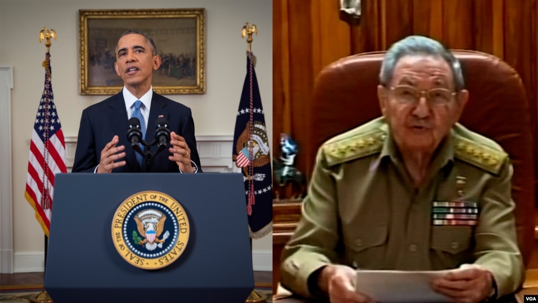 Presiden Barack Obama dan Presiden Fidel Castro mengumumkan pemulihan hubungan diplomatik kedua negara dalam pidato yang disampaikan secara bersamaan oleh keduanya, Rabu (17/12). (Foto: AP & Reuters)