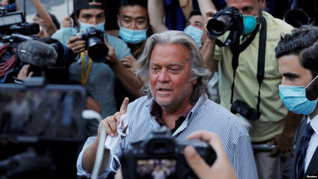 FILE - Former White House chief strategist Steve Bannon exits the Manhattan Federal Court in New York City, Aug. 20, 2020. 