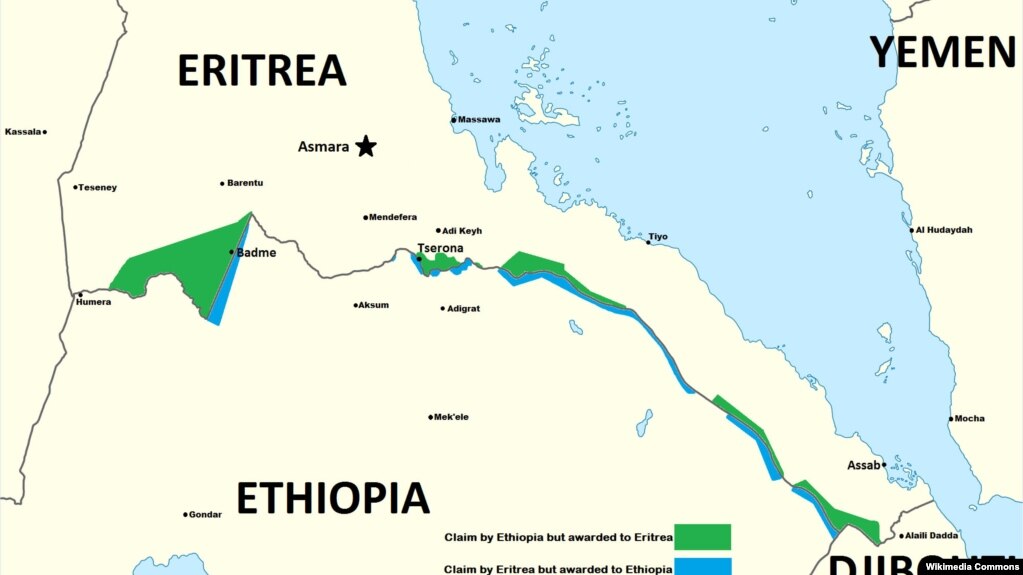 A map delineates past areas of conflict between Ethiopia and Eritrea.