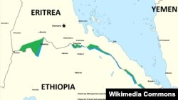 A map delineates past areas of conflict between Ethiopia and Eritrea.