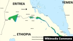 Bản đồ phác họa khu vực các cuộc xung đột giữa Ethiopia và Eritrea.