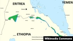 A map delineates past areas of conflict between Ethiopia and Eritrea.