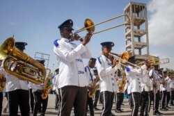 FILE - A band plays at a demonstration supporting a resolution to allocate 13 seats to the Banadir region, which encompasses the capital, in effect expanding the Senate, in Mogadishu, Somalia, Jan. 29, 2021.