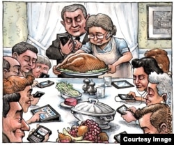 In this image, inspired by a Norman Rockwell painting of a similar theme, cartoonist Matt Wuerker shows how disruptive technology can be to time-honored traditions like family meals.