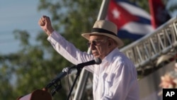 Cuba's Vice President Jose Ramon Machado Ventura delivers his speech during an event marking Revolution Day in Sancti Spiritus, Cuba, July 26, 2016.