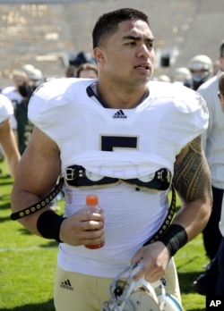 An April 2012 photo of Notre Dame's linebacker Manti Te'o at the Blue and Gold spring NCAA college football game in South Bend, Indiana.