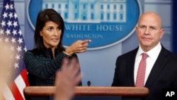 U.S. Ambassador to the United Nations Nikki Haley and national security adviser H.R. McMaster participate in a news briefing at the White House, in Washington, Sept. 15, 2017.