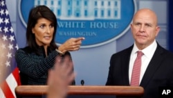 U.S. Ambassador to the United Nations Nikki Haley and national security adviser H.R. McMaster participate in a news briefing at the White House, in Washington, Sept. 15, 2017.