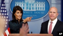U.S. Ambassador to the United Nations Nikki Haley and national security adviser H.R. McMaster participate in a news briefing at the White House, in Washington, Sept. 15, 2017.