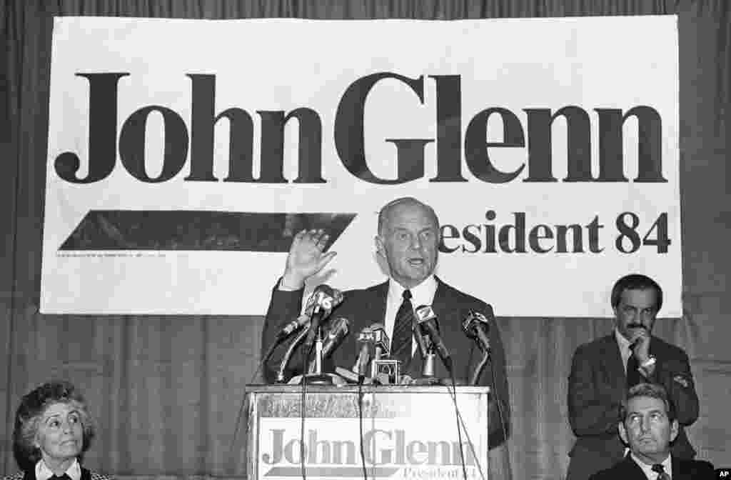 Sen. John Glenn, D-Ohio, answers questions from the press in Jackson, Mississippi, Jan. 18, 1984.