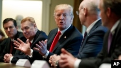 President Donald Trump speaks during a meeting with steel and aluminum executives in the Cabinet Room of the White House, March 1, 2018, in Washington. From left, Roger Newport of AK Steel, John Ferriola of Nucor, Trump, Dave Burritt of U.S. Steel Corporation, and Tim Timken of Timken Steel. 