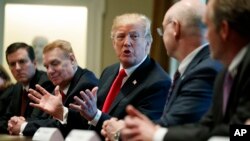 President Donald Trump speaks during a meeting with steel and aluminum executives in the Cabinet Room of the White House, March 1, 2018, in Washington. From left, Roger Newport of AK Steel, John Ferriola of Nucor, Trump, Dave Burritt of U.S. Steel Corporation, and Tim Timkin of Timken Steel. 